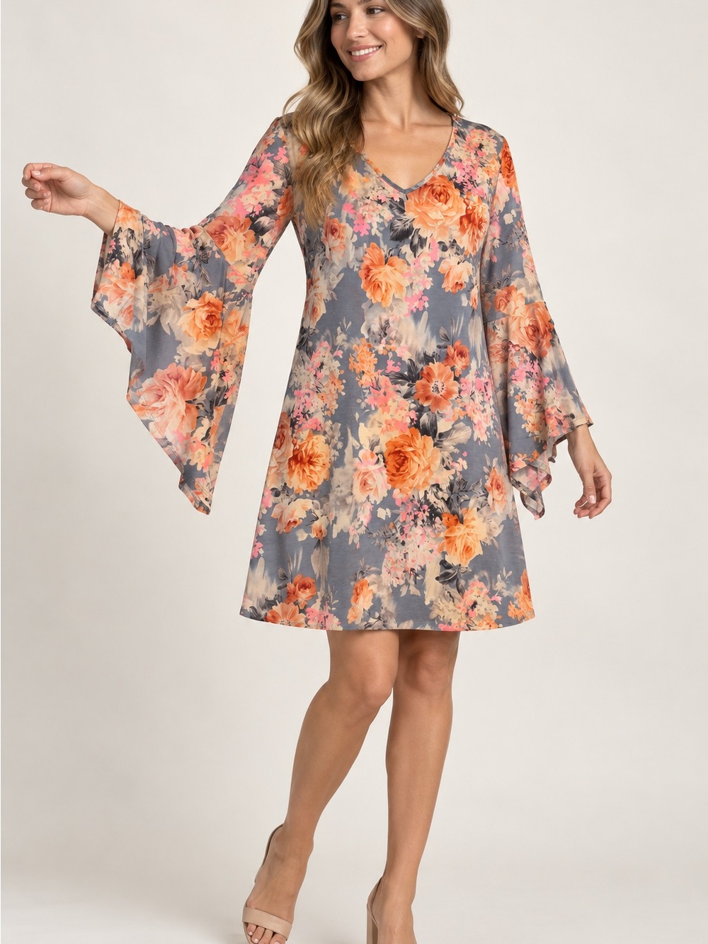 Floral Bell-Sleeve V-Neck Dress in Gray and Peach w/pockets